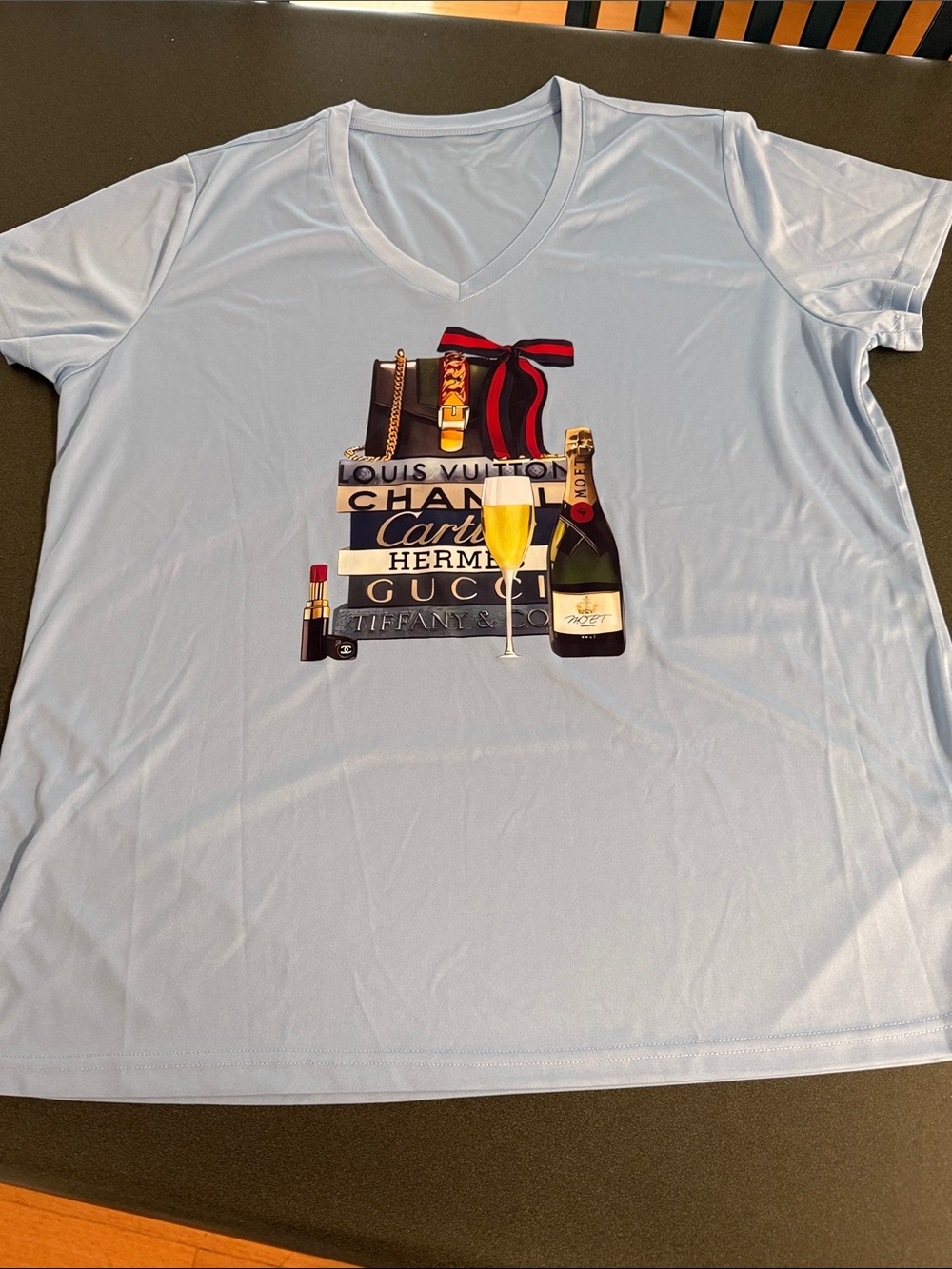 Light Blue Short Sleeve V-Neck Tee with Designer Stack Graphic NWOT